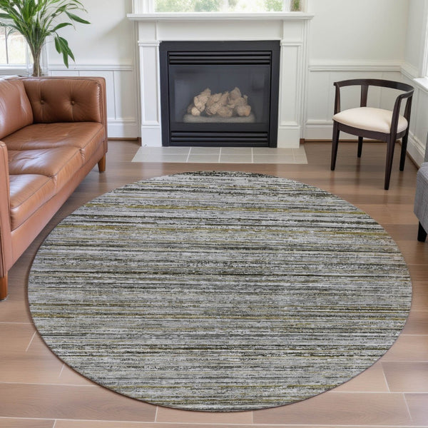 HomeRoots 8' X 8' Stylish Pewter Silver and Gray Striped Washable Round Rug with UV Protection & Non-Slip Backing 692361