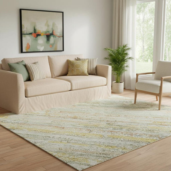HomeRoots 5' x 8' Sage Ivory Gold Striped Washable Area Rug – Soft, Stain-Resistant, UV-Protected for Busy Homes 692366