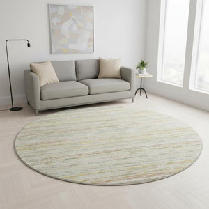 HomeRoots 8' X 8' Sage Ivory Gold Striped Round Rug - Washable, UV-Protected, Durable for Kids & Pets 692367