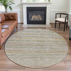 HomeRoots 8' X 8' Sage Ivory Gold Striped Round Rug - Washable, UV-Protected, Durable for Kids & Pets 692367