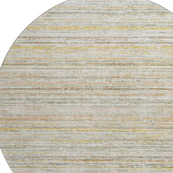 HomeRoots 8' X 8' Sage Ivory Gold Striped Round Rug - Washable, UV-Protected, Durable for Kids & Pets 692367