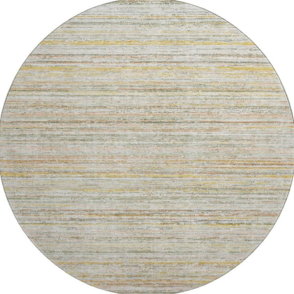 HomeRoots 8' X 8' Sage Ivory Gold Striped Round Rug - Washable, UV-Protected, Durable for Kids & Pets 692367