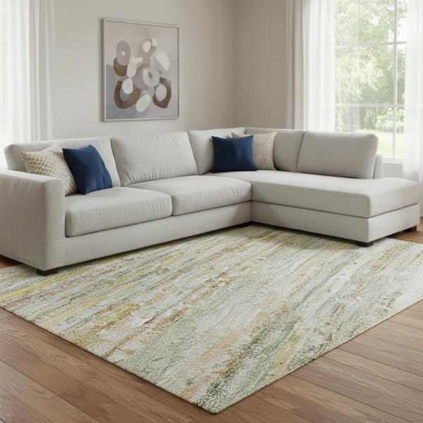 HomeRoots 8' Sage Ivory and Gold Striped Area Rug - Washable, UV Protected, Non-Slip, Perfect for High-Traffic Areas 692368