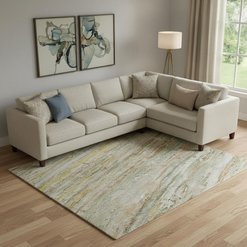 HomeRoots 9' X 12' Sage Ivory and Gold Striped Area Rug – Durable, Washable, UV Protected for Busy Homes 692369