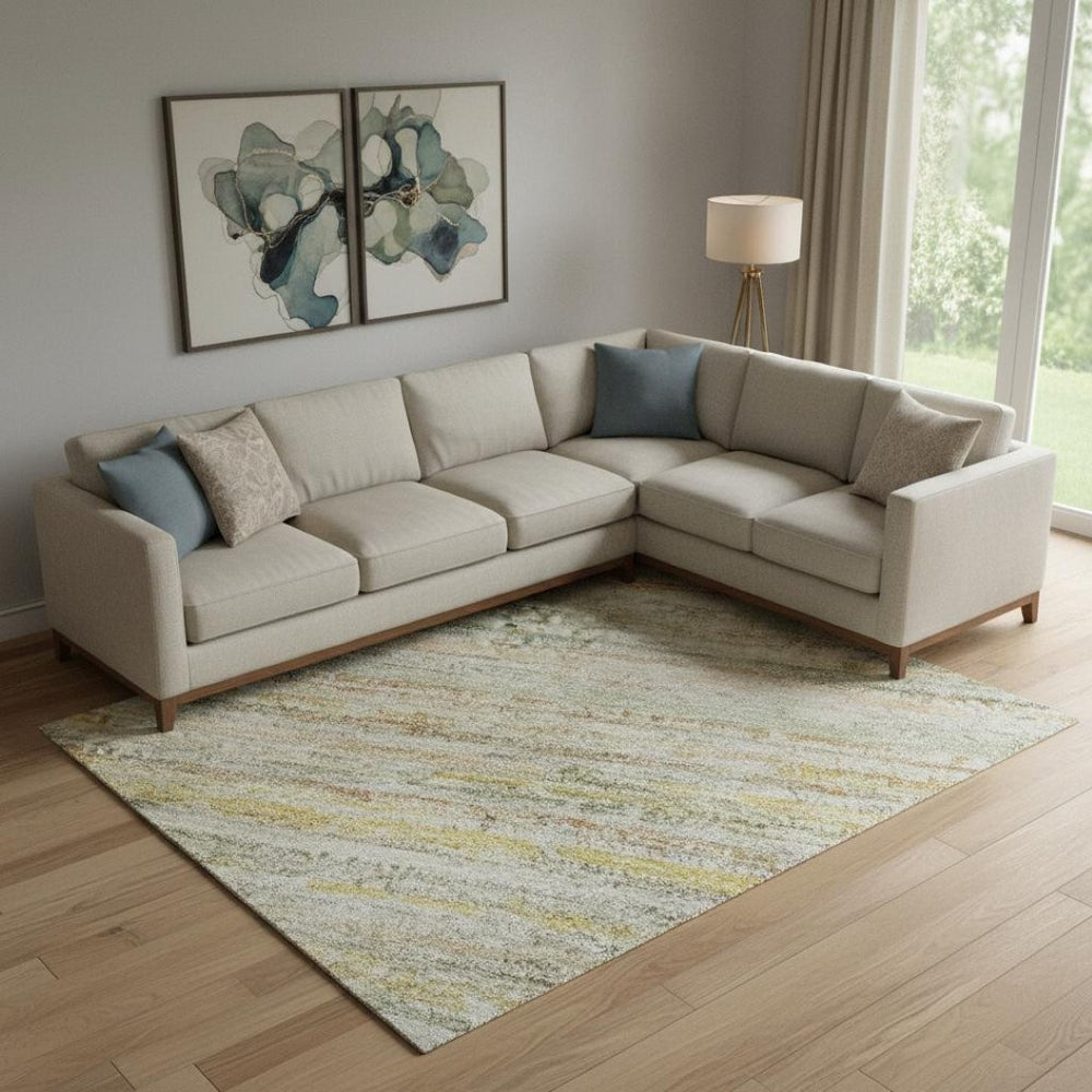 HomeRoots 10' Sage Ivory Gold Striped Washable Area Rug - UV Protected, Stain Resistant, Perfect for Homes! 692370