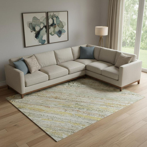 HomeRoots 10' Sage Ivory Gold Striped Washable Area Rug - UV Protected, Stain Resistant, Perfect for Homes! 692370
