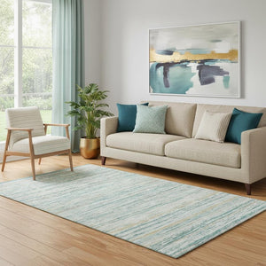 HomeRoots 5' X 8' Teal Ivory Gold Striped Washable Area Rug - Durable, UV-Protected for Homes with Kids & Pets 692372