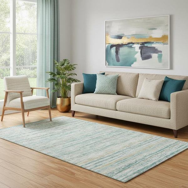 HomeRoots 5' X 8' Teal Ivory Gold Striped Washable Area Rug - Durable, UV-Protected for Homes with Kids & Pets 692372