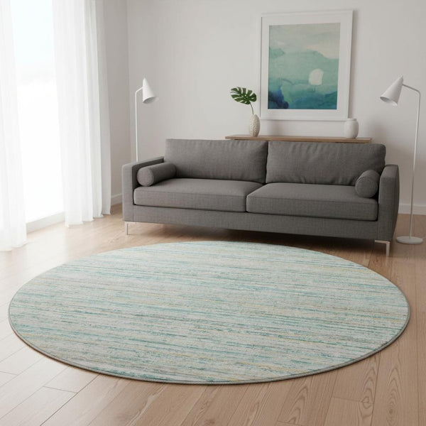 HomeRoots 8' X 8' Teal, Ivory & Gold Striped Round Rug - Washable, UV-Protected, Non-Slip for Modern Homes 692373