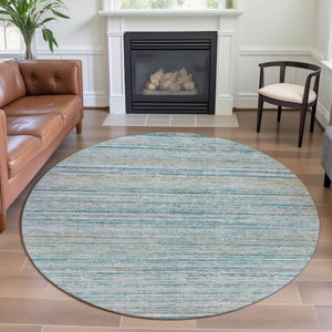 HomeRoots 8' X 8' Teal, Ivory & Gold Striped Round Rug - Washable, UV-Protected, Non-Slip for Modern Homes 692373