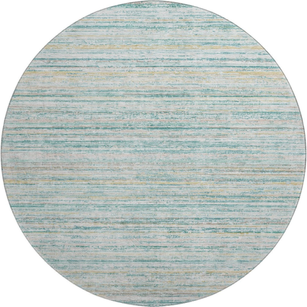 HomeRoots 8' X 8' Teal, Ivory & Gold Striped Round Rug - Washable, UV-Protected, Non-Slip for Modern Homes 692373