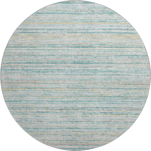 HomeRoots 8' X 8' Teal, Ivory & Gold Striped Round Rug - Washable, UV-Protected, Non-Slip for Modern Homes 692373