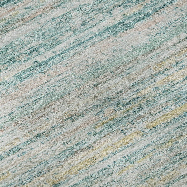 HomeRoots 8' X 8' Teal, Ivory & Gold Striped Round Rug - Washable, UV-Protected, Non-Slip for Modern Homes 692373