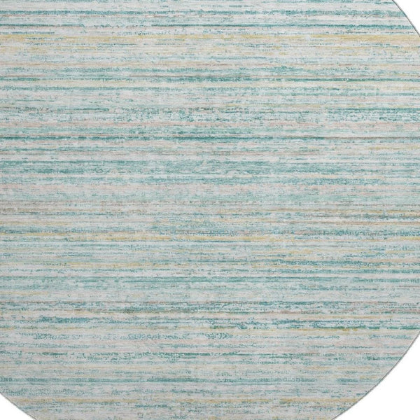 HomeRoots 8' X 8' Teal, Ivory & Gold Striped Round Rug - Washable, UV-Protected, Non-Slip for Modern Homes 692373