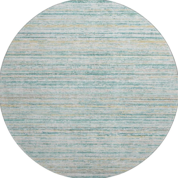 HomeRoots 8' X 8' Teal, Ivory & Gold Striped Round Rug - Washable, UV-Protected, Non-Slip for Modern Homes 692373