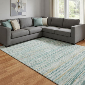 HomeRoots 8' Striped Teal, Ivory & Gold Washable Area Rug with UV Protection for High-Traffic Spaces 692374