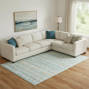 HomeRoots 9' X 12' Gorgeous Teal, Ivory & Gold Striped Washable Area Rug with UV Protection for Busy Homes 692375