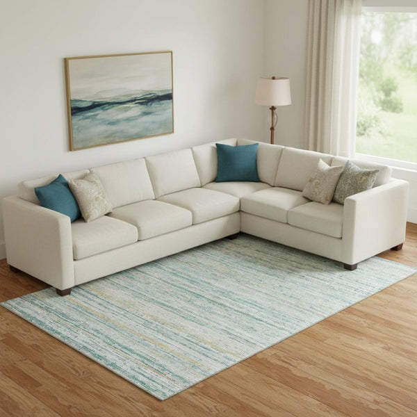 HomeRoots 9' X 12' Gorgeous Teal, Ivory & Gold Striped Washable Area Rug with UV Protection for Busy Homes 692375