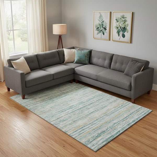 HomeRoots 10' X 14' Teal Ivory Gold Striped Washable Area Rug with UV Protection for Stylish Homes & Pets 692376