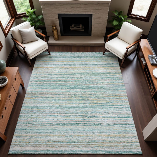 HomeRoots 10' X 14' Teal Ivory Gold Striped Washable Area Rug with UV Protection for Stylish Homes & Pets 692376