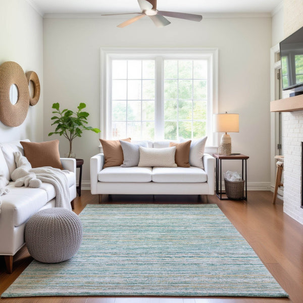 HomeRoots 10' X 14' Teal Ivory Gold Striped Washable Area Rug with UV Protection for Stylish Homes & Pets 692376