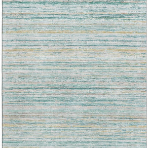 HomeRoots 10' X 14' Teal Ivory Gold Striped Washable Area Rug with UV Protection for Stylish Homes & Pets 692376