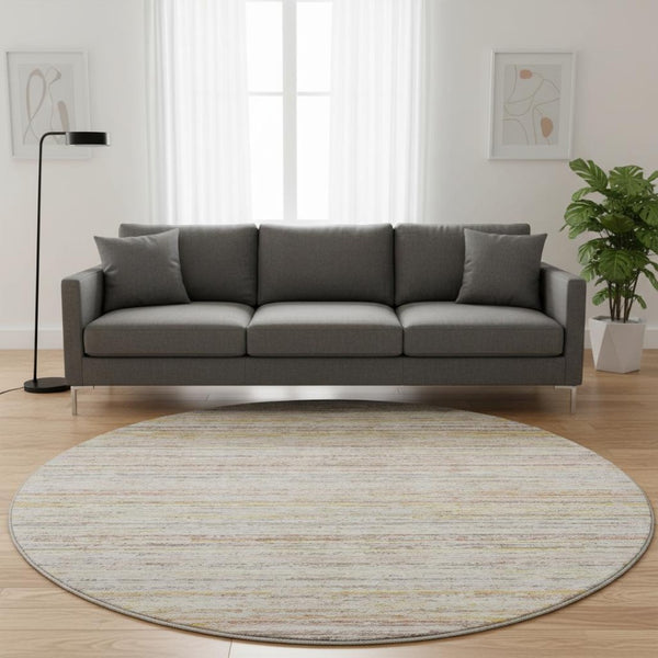 HomeRoots 8' X 8' Washable Round Rug in Terra Cotta, Gold & Peach Stripes – UV Resistant & Stain-Proof Design 692379