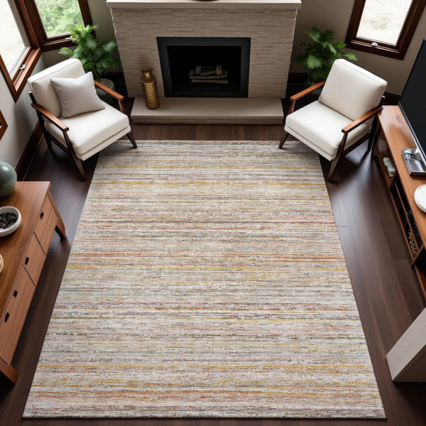 HomeRoots 8' Terra Cotta Gold & Peach Striped Washable Area Rug – UV Protected, Durable, Stylish for Any Room! 692380