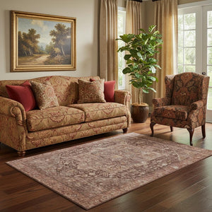 HomeRoots 5' X 8' Burgundy Ivory Gold Oriental Rug - Washable, UV Protected & Stain Resistant for Homes 692384