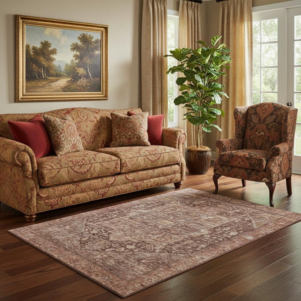 HomeRoots 5' X 8' Burgundy Ivory Gold Oriental Rug - Washable, UV Protected & Stain Resistant for Homes 692384
