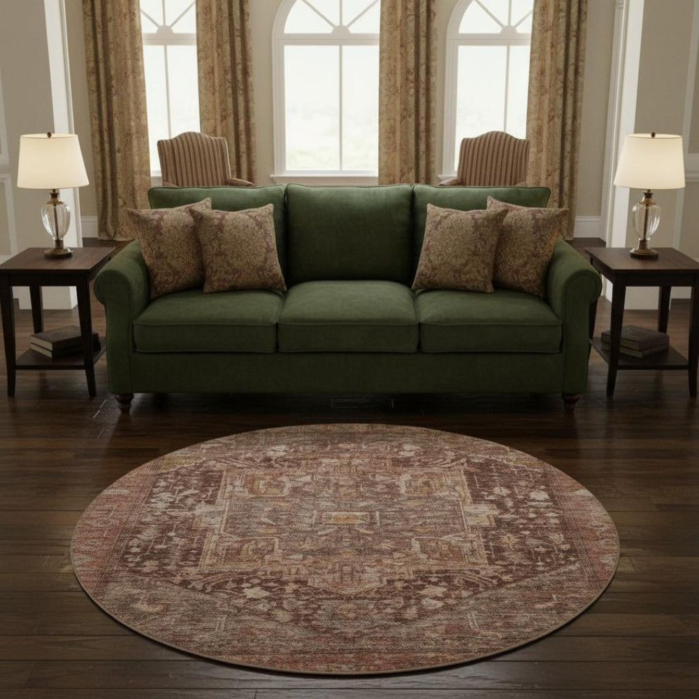HomeRoots 8' X 8' Burgundy Ivory Gold Oriental Rug - Washable, UV Protected, Family-Friendly, Stylish Comfort 692385