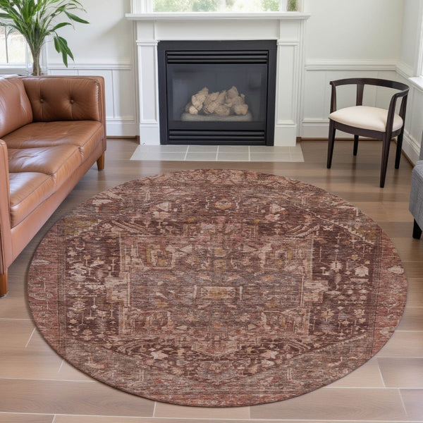 HomeRoots 8' X 8' Burgundy Ivory Gold Oriental Rug - Washable, UV Protected, Family-Friendly, Stylish Comfort 692385