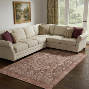 HomeRoots 8' Elegant Burgundy, Ivory & Gold Oriental Area Rug - Washable, Stain Resistant & UV Protected! 692386