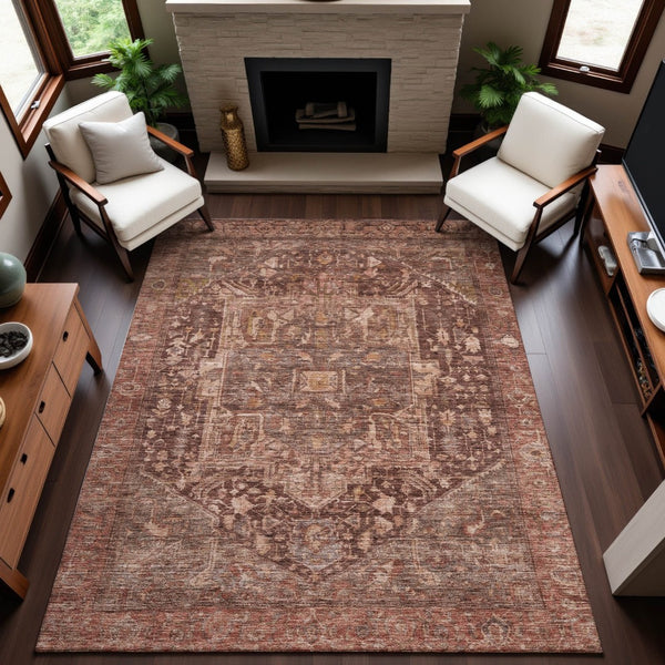 HomeRoots 8' Elegant Burgundy, Ivory & Gold Oriental Area Rug - Washable, Stain Resistant & UV Protected! 692386