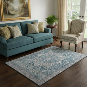 HomeRoots 5' X 8' Washable Blue Gray and Silver Oriental Area Rug with UV Protection for Busy Homes 692390