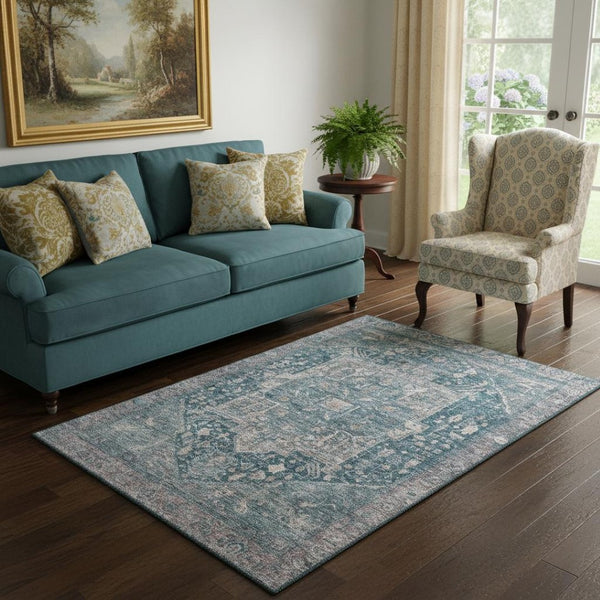 HomeRoots 5' X 8' Washable Blue Gray and Silver Oriental Area Rug with UV Protection for Busy Homes 692390