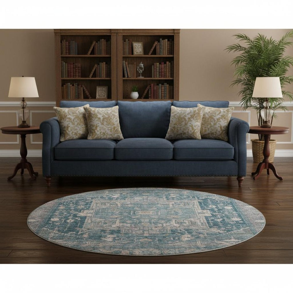 HomeRoots 8' X 8' Elegant Blue Gray Silver Oriental Washable Round Rug with UV Protection for Busy Homes 692391