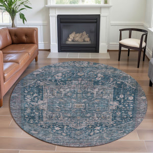 HomeRoots 8' X 8' Elegant Blue Gray Silver Oriental Washable Round Rug with UV Protection for Busy Homes 692391