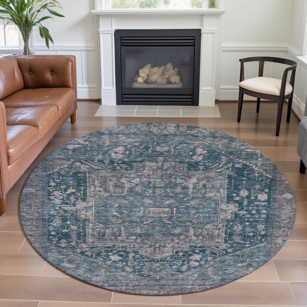 HomeRoots 8' X 8' Elegant Blue Gray Silver Oriental Washable Round Rug with UV Protection for Busy Homes 692391