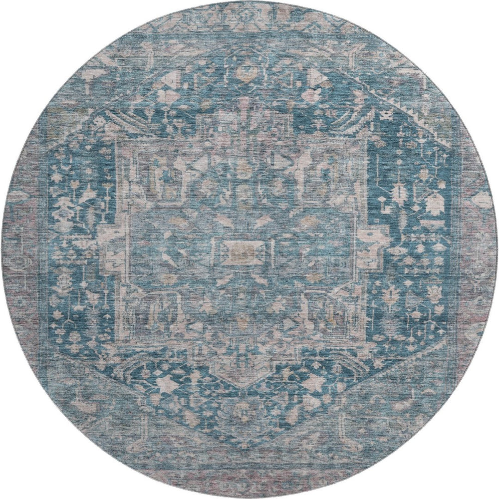HomeRoots 8' X 8' Elegant Blue Gray Silver Oriental Washable Round Rug with UV Protection for Busy Homes 692391