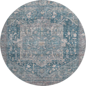 HomeRoots 8' X 8' Elegant Blue Gray Silver Oriental Washable Round Rug with UV Protection for Busy Homes 692391