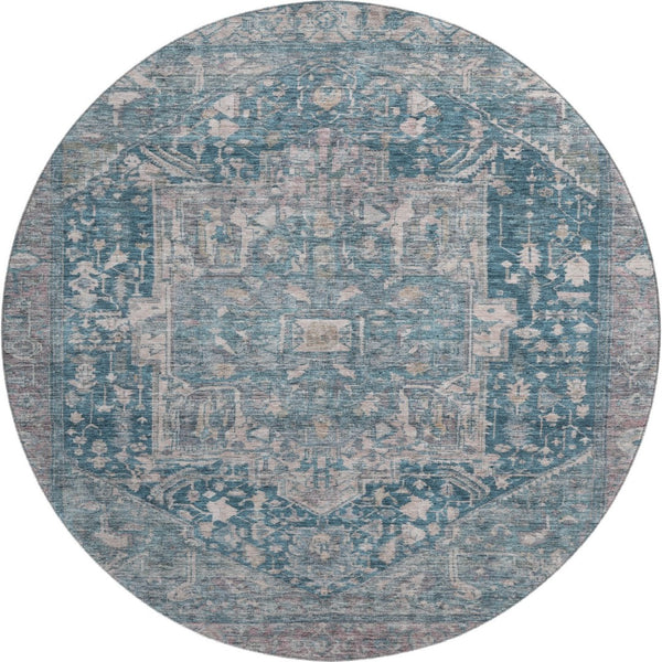 HomeRoots 8' X 8' Elegant Blue Gray Silver Oriental Washable Round Rug with UV Protection for Busy Homes 692391