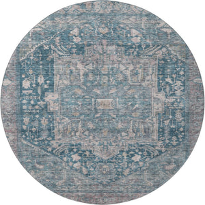 HomeRoots 8' X 8' Elegant Blue Gray Silver Oriental Washable Round Rug with UV Protection for Busy Homes 692391