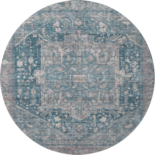 HomeRoots 8' X 8' Elegant Blue Gray Silver Oriental Washable Round Rug with UV Protection for Busy Homes 692391