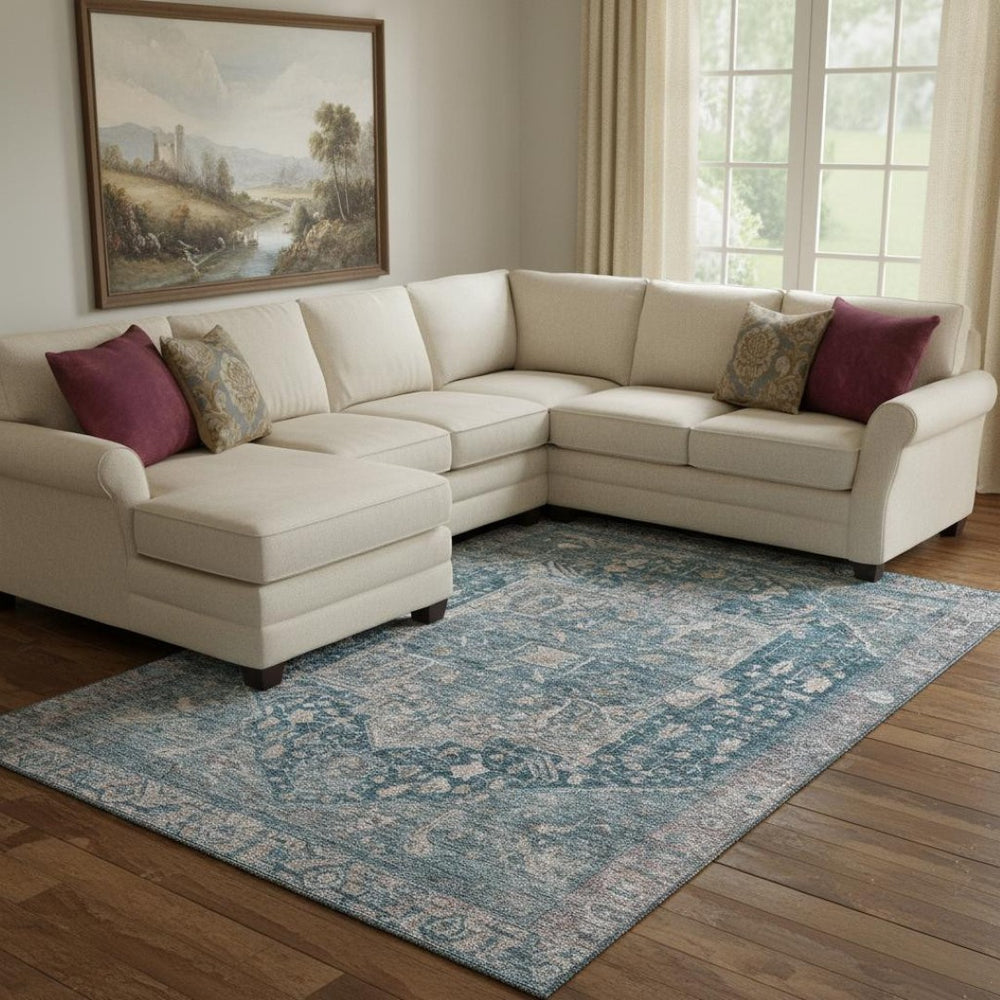 HomeRoots 8' Elegant Blue-Gray and Silver Oriental Washable Area Rug with UV Protection for High-Traffic Areas 692392
