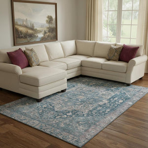 HomeRoots 8' Elegant Blue-Gray and Silver Oriental Washable Area Rug with UV Protection for High-Traffic Areas 692392