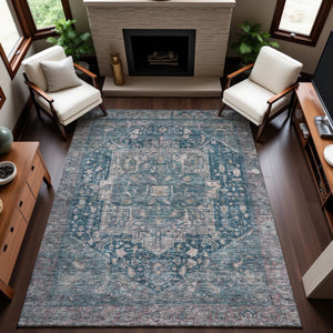 HomeRoots 9' X 12' Elegant Blue Gray Silver Oriental Washable Area Rug with UV Protection & Stain Resistance 692393