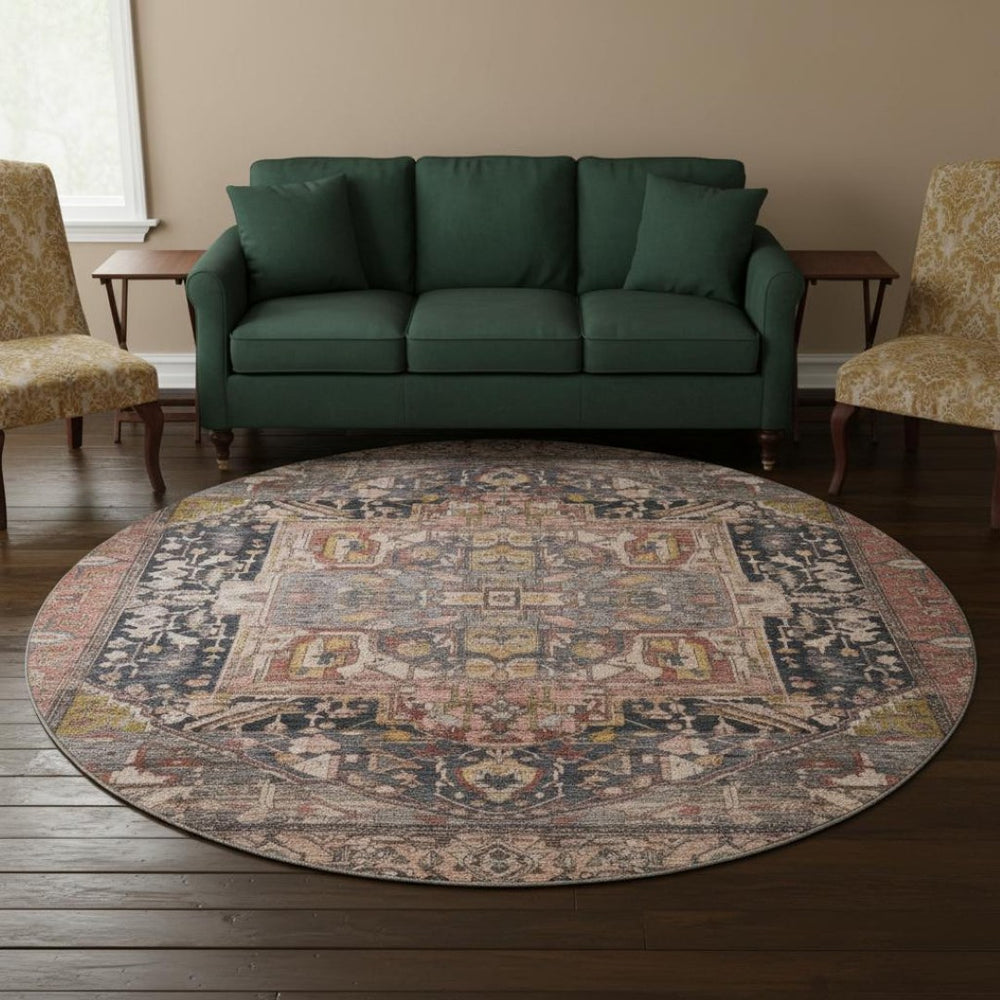 HomeRoots 8' X 8' Charcoal Gold and Rust Oriental Round Rug – Washable, UV-Protected, and Stain-Resistant Beauty 692397