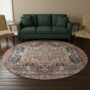 HomeRoots 8' X 8' Charcoal Gold and Rust Oriental Round Rug – Washable, UV-Protected, and Stain-Resistant Beauty 692397