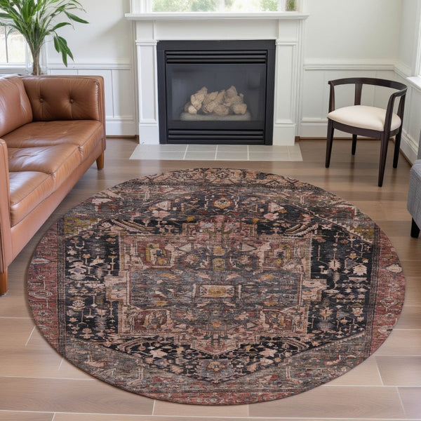HomeRoots 8' X 8' Charcoal Gold and Rust Oriental Round Rug – Washable, UV-Protected, and Stain-Resistant Beauty 692397